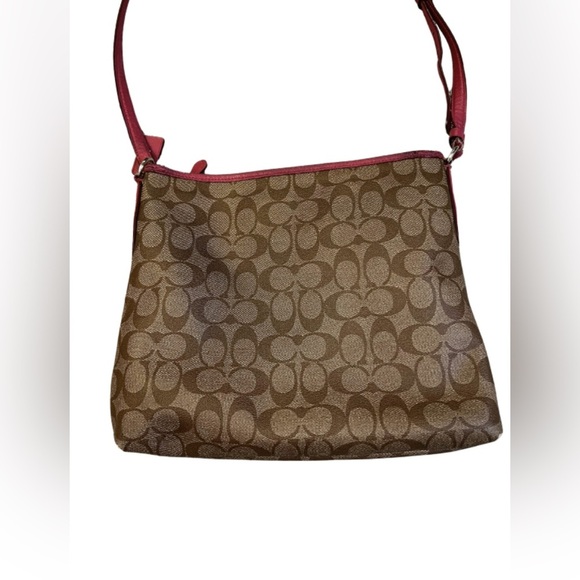 Coach Signature Logo All Over Pattern Crossbody Leather Beige Pink - Picture 2 of 9